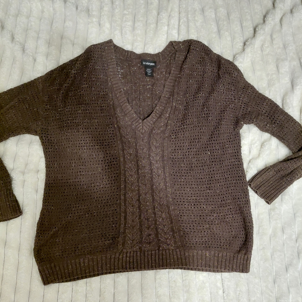 Brown & Gold Metallic Tinsel V Neck Crochet Sweater